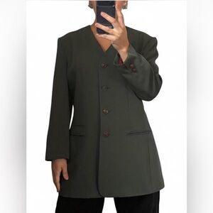 Kasper Olive Green Long V-Neck Trench Coat
